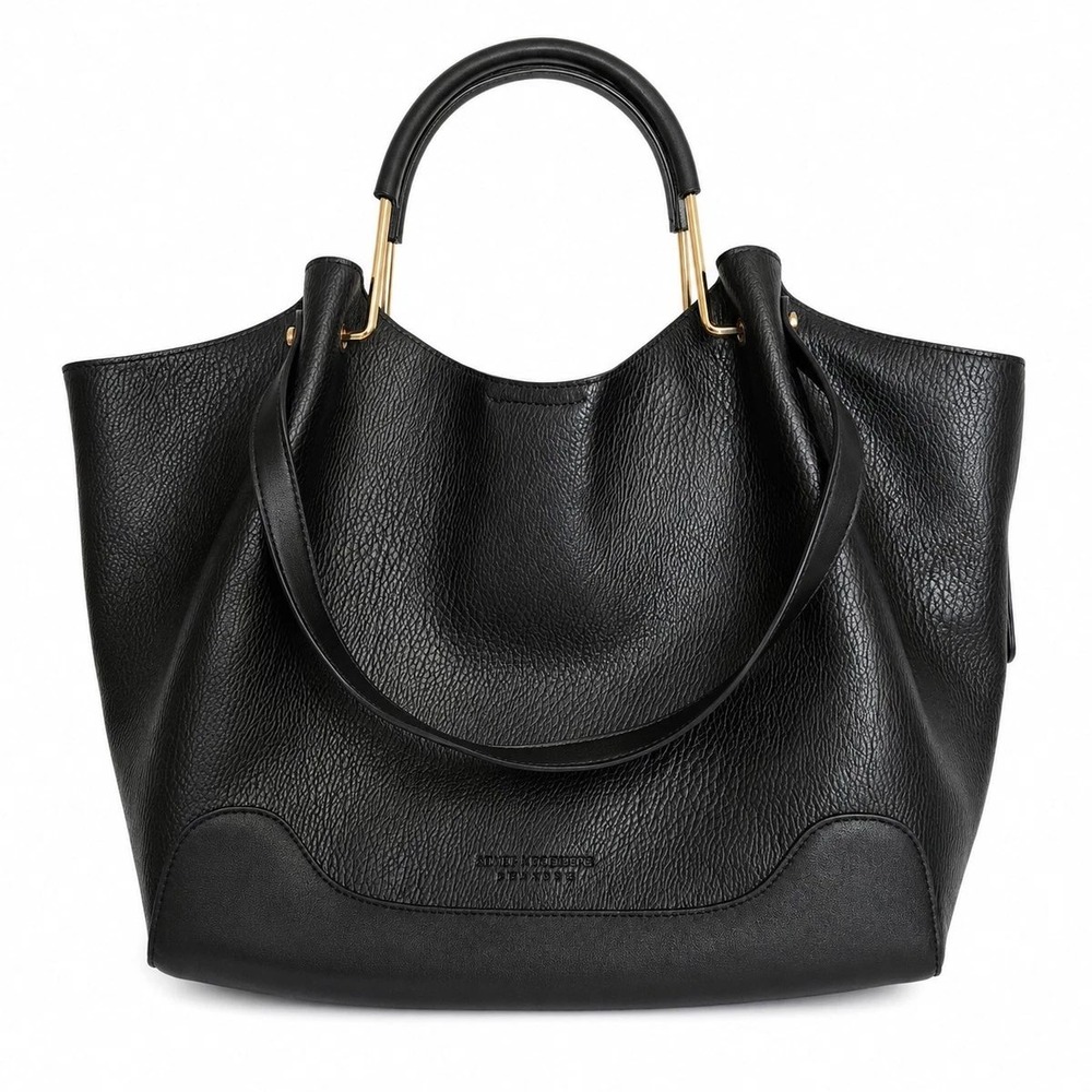 Sondra Roberts Squared Black Vegan Leather Pebbled Tote Bag Gold Hardware